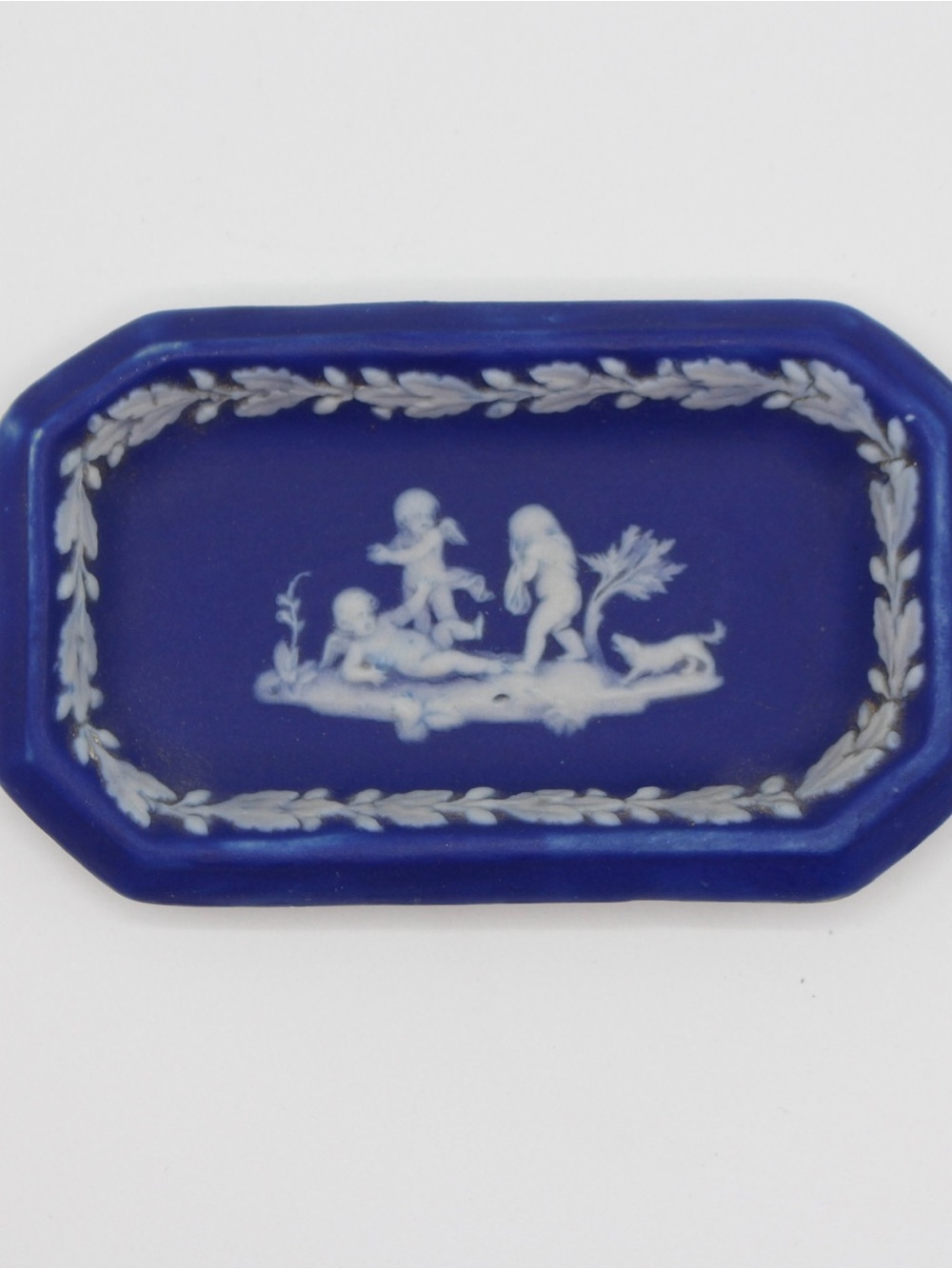 Wedgwood Blue & White Jasperware Trinket Dish, Putti Figures and Puppy